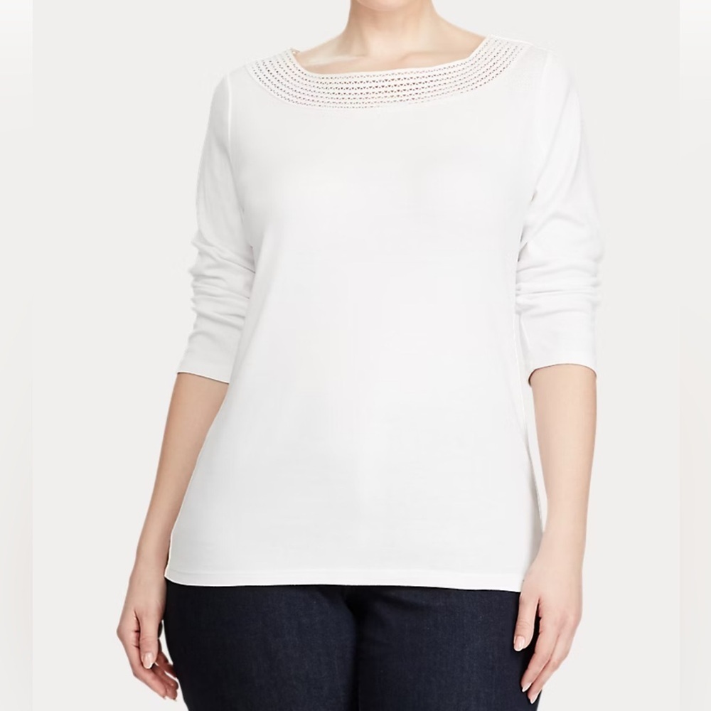 LAUREN RALPH LAUREN Lace Neck White Cotton 3/4 Sleeve T-Shirt Top Size 1X